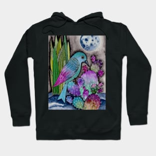 Watercolor original Bird on Cactus with Moon Hoodie